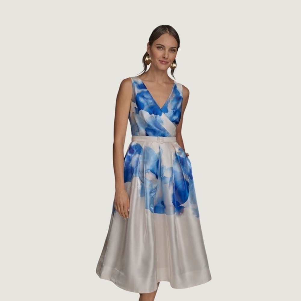 Donna Karan Floral Midi Dress 14 Blue White NWT Fit Flare Pockets MSRP $279